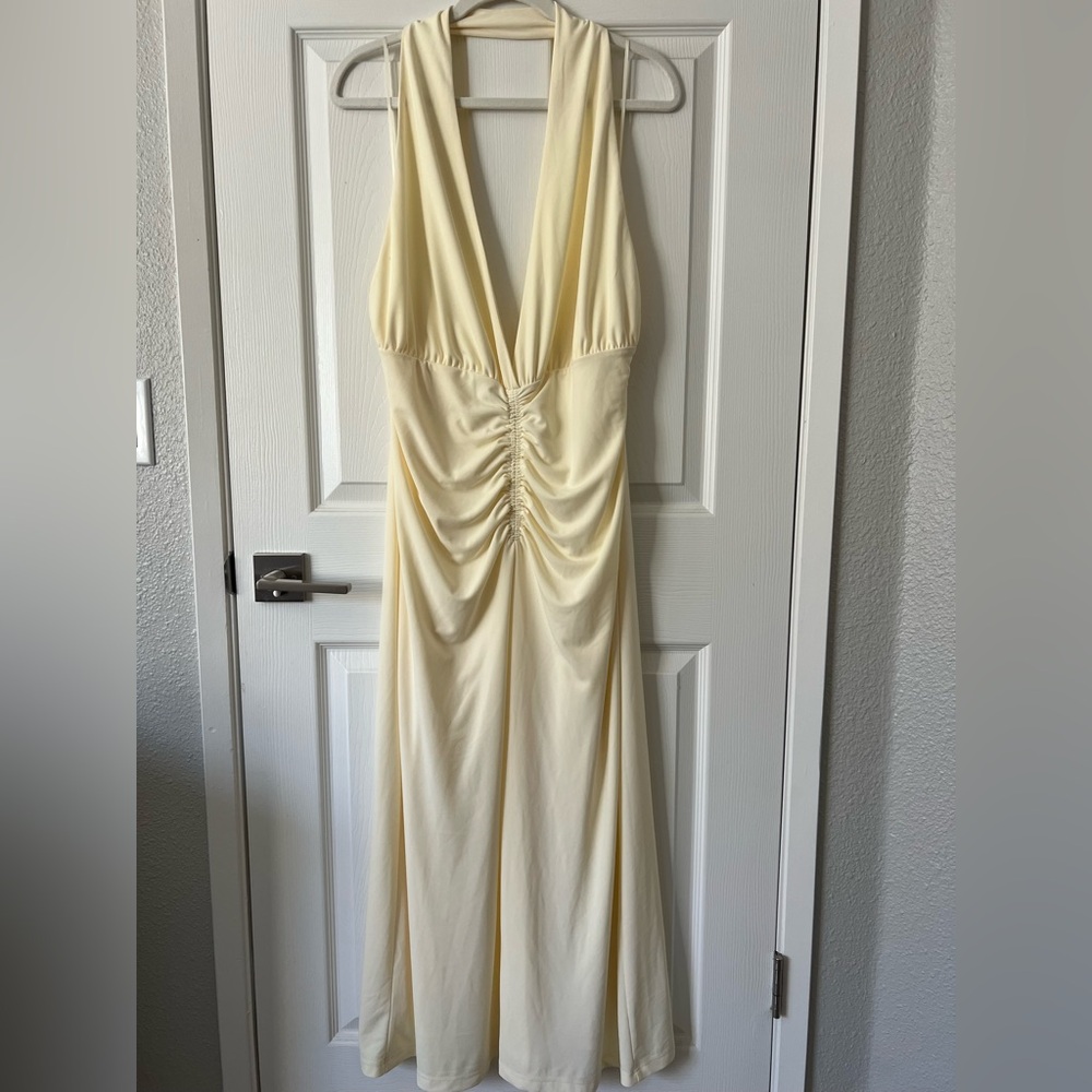 Zara Butter Yellow Backless Halter Midi Dress